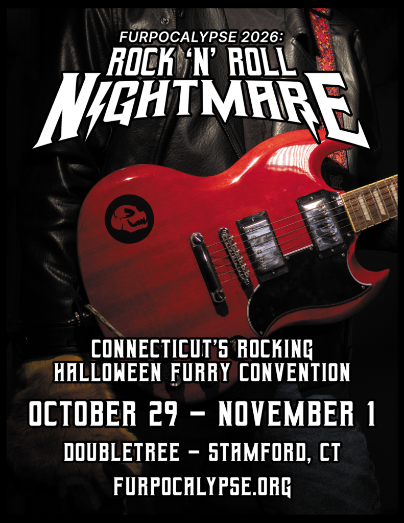 Furpocalypse 2026 Rock n' Roll Nightmare advertisement with a closeup of someone in a leather jacket's shoulder with a red electric guitar center. It reads "Connecticut's Rocking Halloween Furry Convention. October 29 - November 1. Doubletree - Stamford, CT."